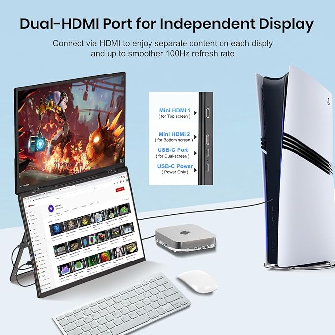 18.5'' Dual Portable Monitor FHD 1080P 100Hz USB-C HDMI External Folding Stacked Triple Monitor Built-in Stand Speakers for Laptop PC Windows Mac Portable Screen