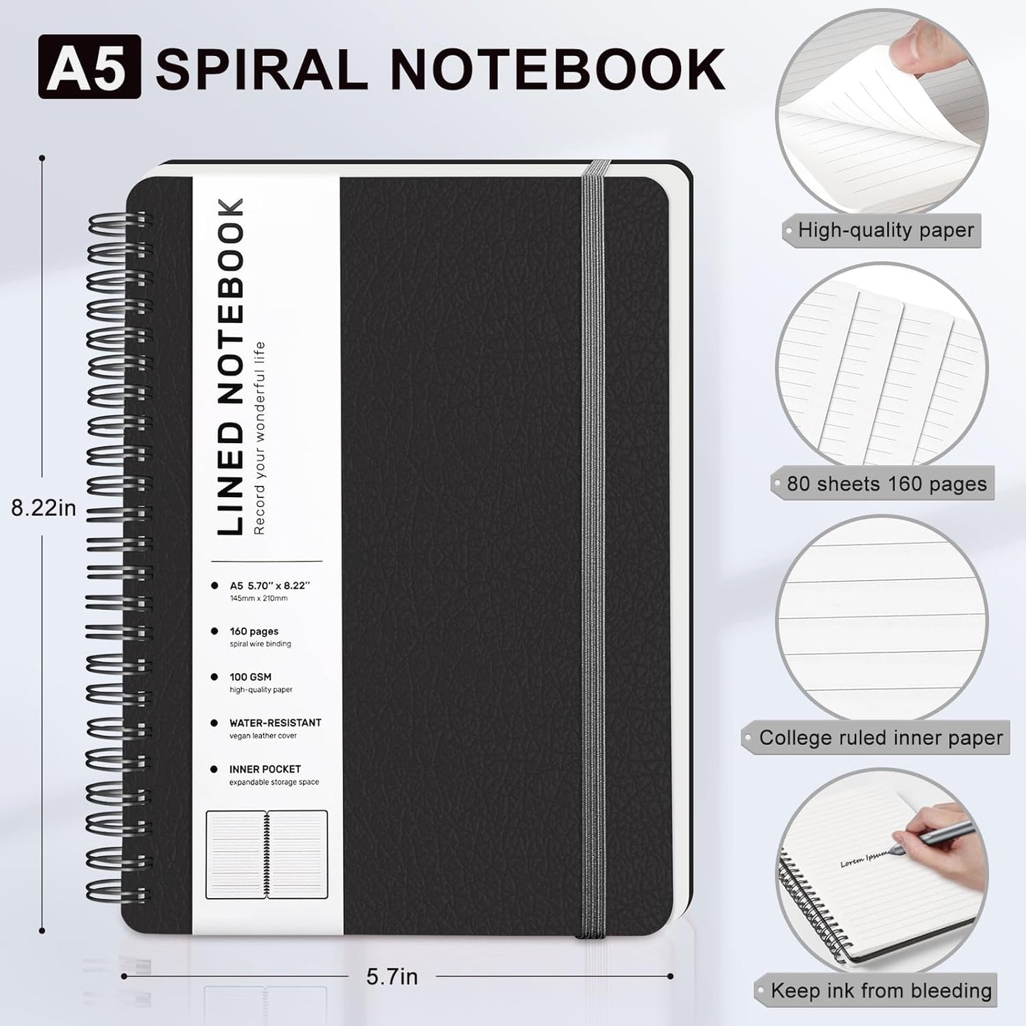 Lined Spiral Journal Notebook, A5 Hardcover Leather Notebook for Work, 5.7''×8.2'', 100GSM Thick Paper Spiral Bound Journaling Notebooks for Women & Men Office School Note Taking Business, Black
