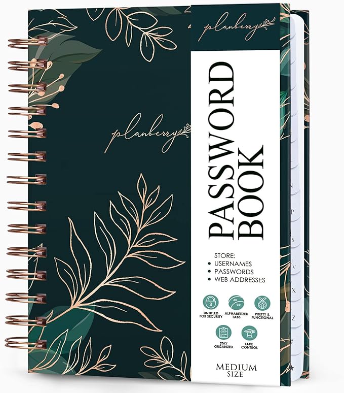 PLANBERRY Password Book Premium – Alphabetized Internet Address Organizer with A-Z Tabs – Website & Computer Password Keeper with Alphabetical Tabs – 6.2x7.7″, Hardcover (Green Pastures)