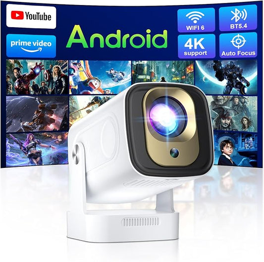 【Short Throw & Speaker】Mini Smart Projector, 1080P Native with 4K Support, WiFi 6 and Bluetooth 5.4, Auto Focus/ Keystone Correction, Built in Apps, Voice Control, Portable Outdoor Movie Projectors