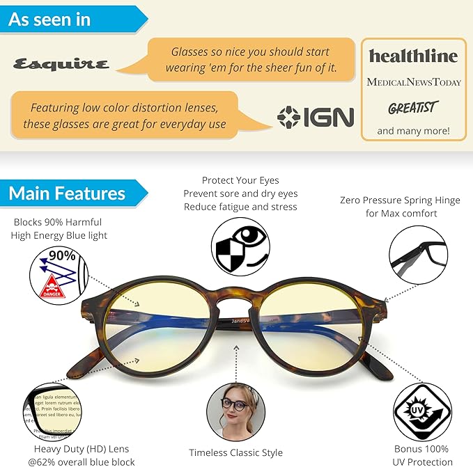 J+S Vision Blue Light Blocking Glasses for Men Women | Computer Gaming Work| Anti Strain Fatigue UV Glare | Medium-Small Fit