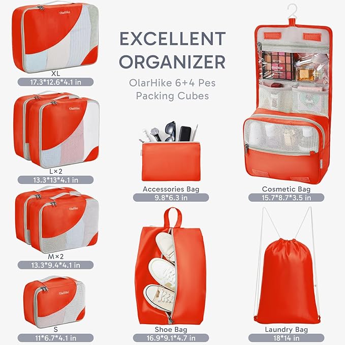 ALL INCLUDED 10 Set Sturdy Packing Cubes for Suitcases,OlarHike Travel Essentials,UPGRADED Anti-Tear Stitching, NEW Improved Luggage Packing Organizers for Travel Accessories (Orange)