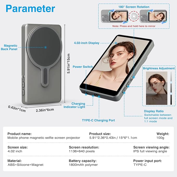 Magnetic Phone Vlog Selfie Monitor Screen - Back Camera Selfie Monitor - 1080P Display can Wirelessly Connect to Mobile Phones - Rear Camera Selfie Screen with Remote Controller(Grey)