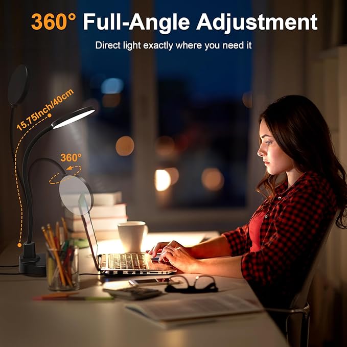 15W LED Desk Lamp with USB Charging Ports – Dimmable Table Lamp with 3 Color Temps, 5 Brightness, 4 Timers, Flexible Gooseneck Light with Base, Eye-Caring Reading Light for Home Office, Bedroom, Study