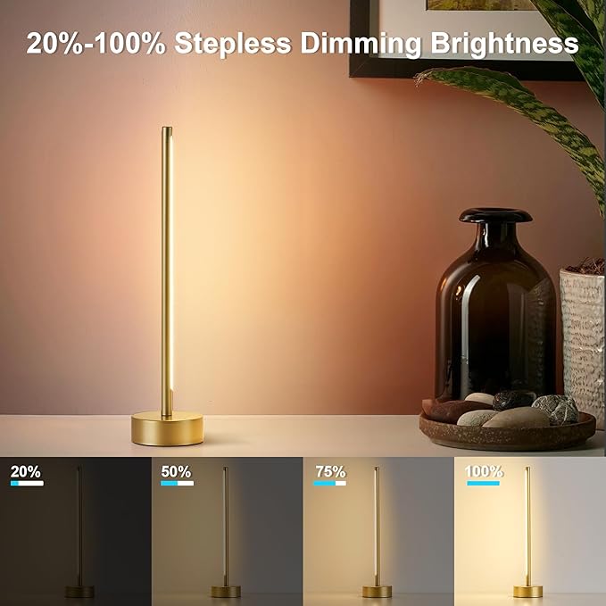 Cordless LED Table Lamp Set of Two, Battery Operated Portable Desk Lamp,Dimmable/3 Color/Memory Function,Modern Rechargeable Table Light for Living Room,Bedroom,Bedside,Gold, 2 Pack