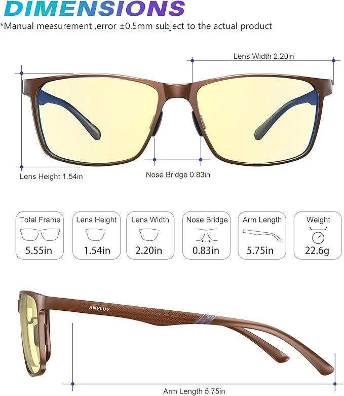 ANYLUV Blue Light Glasses Men, Relieve Eyestrain and Eye Protection, Al-Mg Metal Computer Blue Light Blocking Glasses