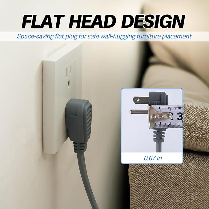 EP 15 Ft 3 Outlet Extension Cord with Flat Plug, 3 Prong Grounded, 16/3 SPT-3 Power Cable for Indoor Use, Grey, 2 Pack