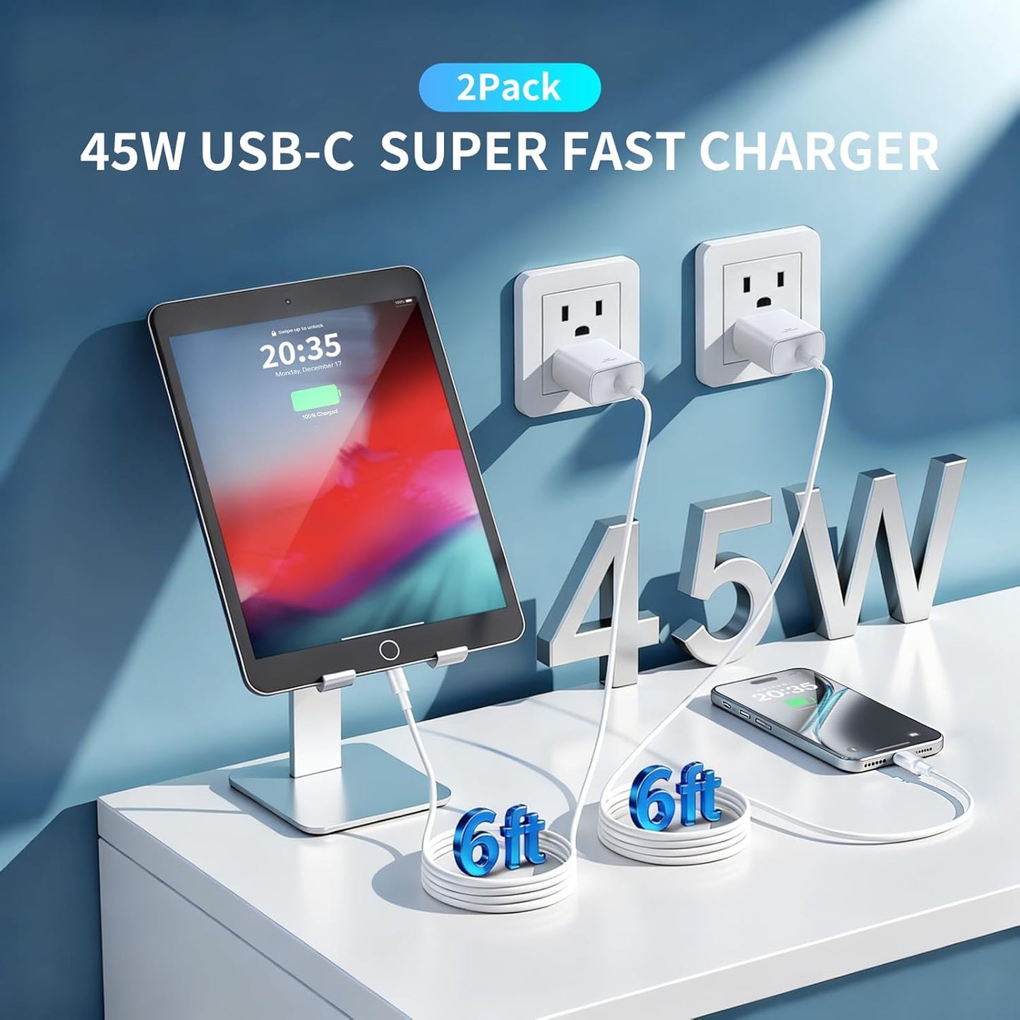 USB C Charger for iPhone 17 Pro Max,2Pack 45W USB-C Super Fast Charging Wall Charger Block Power Adapter with 6FT Type C USBC to C Cable for iPhone 17/17 Pro/17 Pro Max/Air/16 Plus/16/15,Galaxy