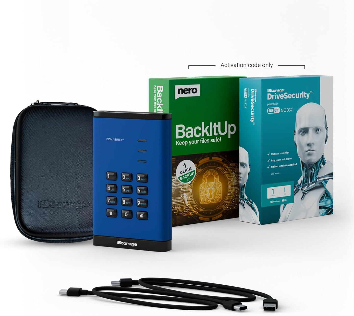 iStorage diskAshur3 HDD 5TB Blue - Secure Portable Hard Drive - Password Protected - Dust & Water Resistant - Hardware Encryption