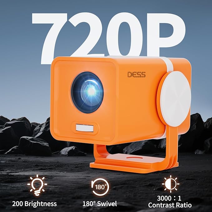 Dess Mini Projector,Portable projector can be powered by power bank,outdoor projector with Wifi6 and bluetooth,Movie projector,180° Rotatable, Auto Keystone Correction hometheater proyector,T1(Orange)