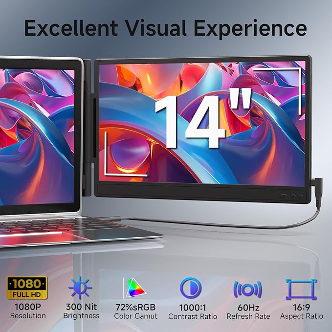 Laptop Screen Extender 14" (FHD 1080P IPS Panel 16:9) - Black Compatible with Win Mac Chrome | Plug and Play | Dual Monitor Ideal for Travel/Work/Study