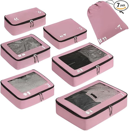 ECOHUB 7 Set Packing Cubes Tear-Resistant Luggage Packing Organizers with Number Icon for Travel Accessories Luggage Suitcase Machine Washable Packing Cubes (Pink)