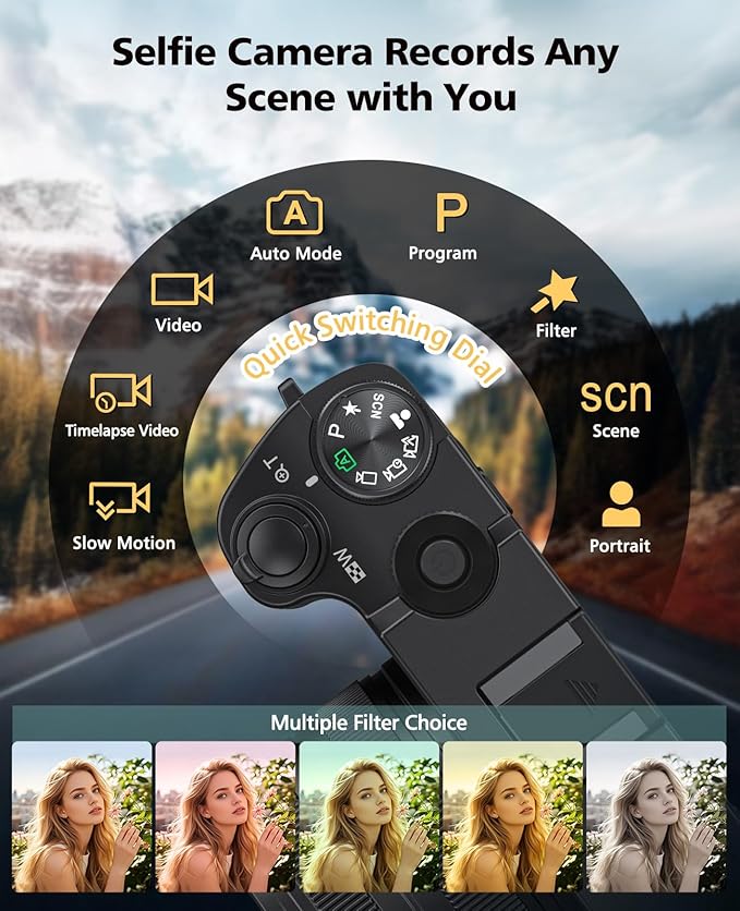 Digital Camera, 6X Optical Zoom & WiFi, 5K 30FPS 64MP Vlogging Camera, Rear and Front Cameras for Photography and Video, Autofocus & Anti-Shake, Travel Selfie for YouTube with Flash Dial 64GB Card