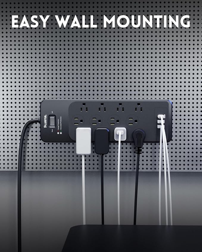 PLUGTUL Surge Protector Power Strip 5FT(4080J), Black Surge Protector with 12 Outlets - Spacious Design for Large Plugs, Flat Plug, 20W USB C Charging for Home, Office, ETL Listed