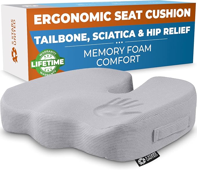 5 STARS UNITED Seat Cushion for Tailbone Pain Relief – Memory Foam Lifting Pillow for Coccyx, Hip, Hemorrhoid, Sciatica & Post-Surgery Recovery – Wheelchair, Car, Desk, Gaming & Office Chairs, L Gray
