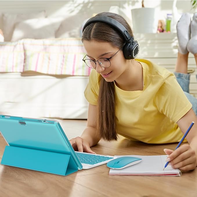 Android 15.0 10Inches Tablet, 18GB RAM+128GB ROM+2TB Expandable, Tab Set with Keyboard/Case/Mouse/Stylus, 2.0GHz Quad-core Processor, 1280 * 800 IPS HDScreen, 5G WiFi6 BT 5.0 (Blue)