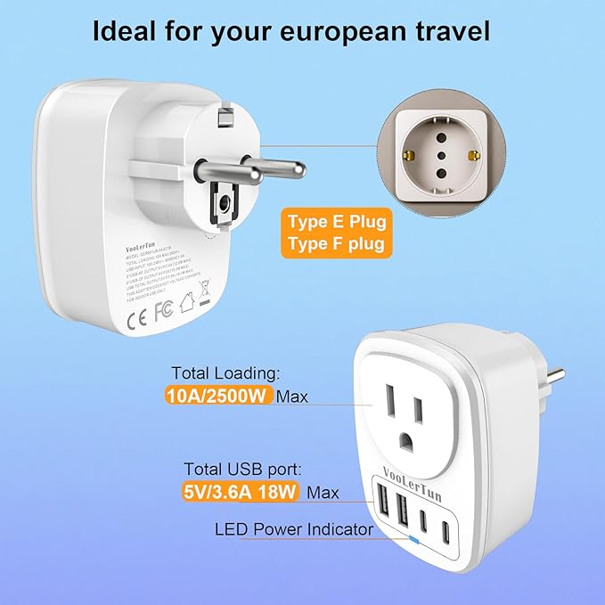 2 Packs Type E F France Plug Adapter, VooLerTun Germany Travel Adapter with 4 USB Charger Ports (2 USB C), 1 American Outlet Adapter. US Converter for EU European Travel Essential