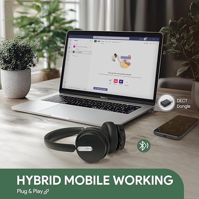 Yealink WH64 Hybrid DECT& Bluetooth Wireless Headset, 492ft Range Mono Teams Headphones with DECT Dongle, 3X Mic, 26H Talk Time, Office Work Portable Single On Ear Headsets for PC,Cellphone,Laptop