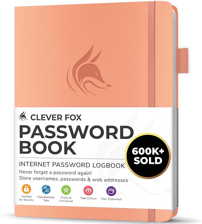 Clever Fox Password Book with alphabetical tabs. Internet Address Organizer Logbook. Small Pocket Password Keeper for Website Logins (Peach Pink)