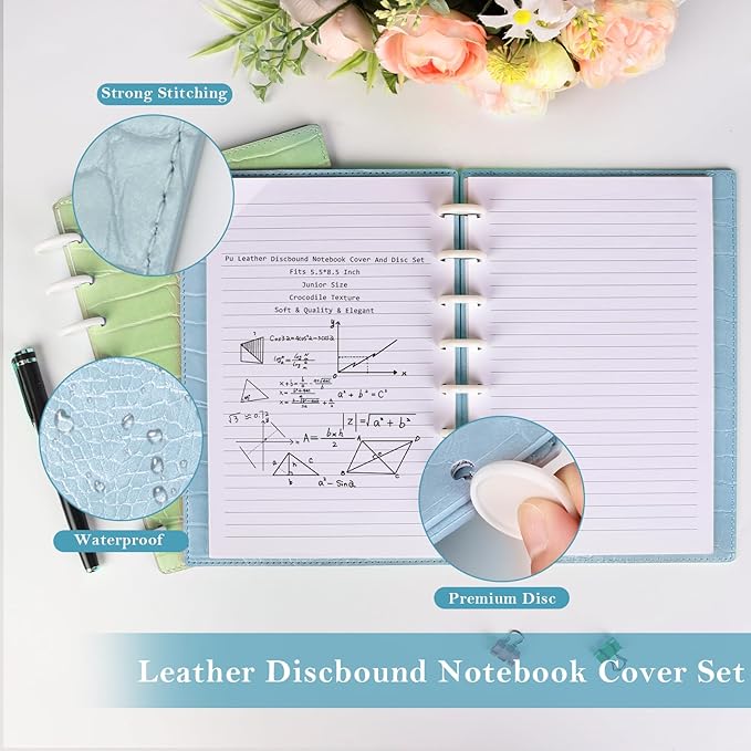 2 Pack Pu Leather 7X9.25 In Discbound Notebook Cover And Disc Set Discbound Planner Cover With 18 Pcs Expansion Discs 9-Disc Disc Bound Notebook Accessories(Blue+Green，No Inner Paper)