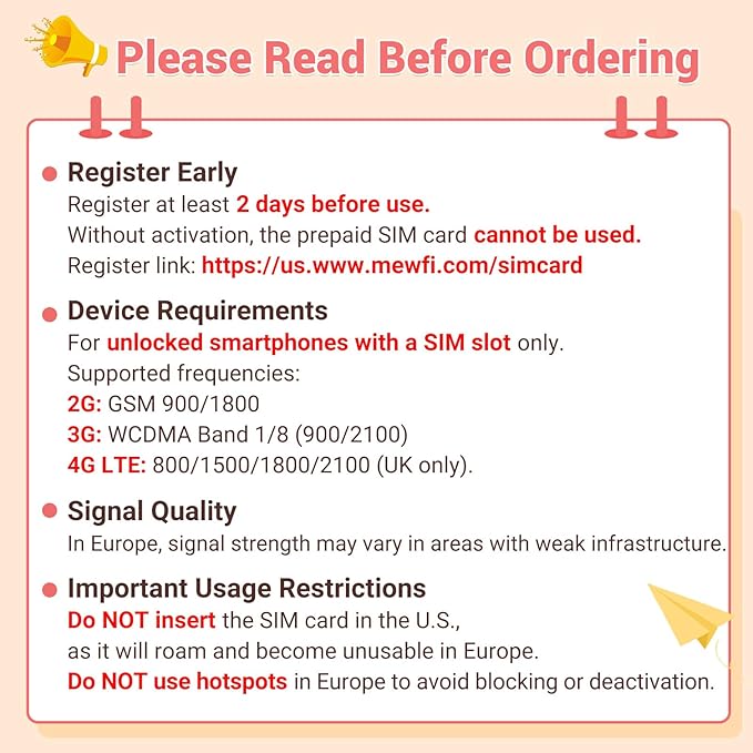 2 Pcs Prepaid Europe Sim Card 30 Days, EU 6GB / UK 10GB, Activation Required & 24/7 Whatsapp Support, Unlimited Local Calls and SMS, UK Three SIM Card Applicable to 72 Countrie