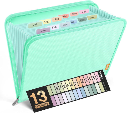 Sooez 13 Pocket Accordion File Organizer, Zipper Expanding File Folder Organizer, Reinforced Plastic Accordion Folder, A4 Letter Size, Portable Folders for Documents, Green