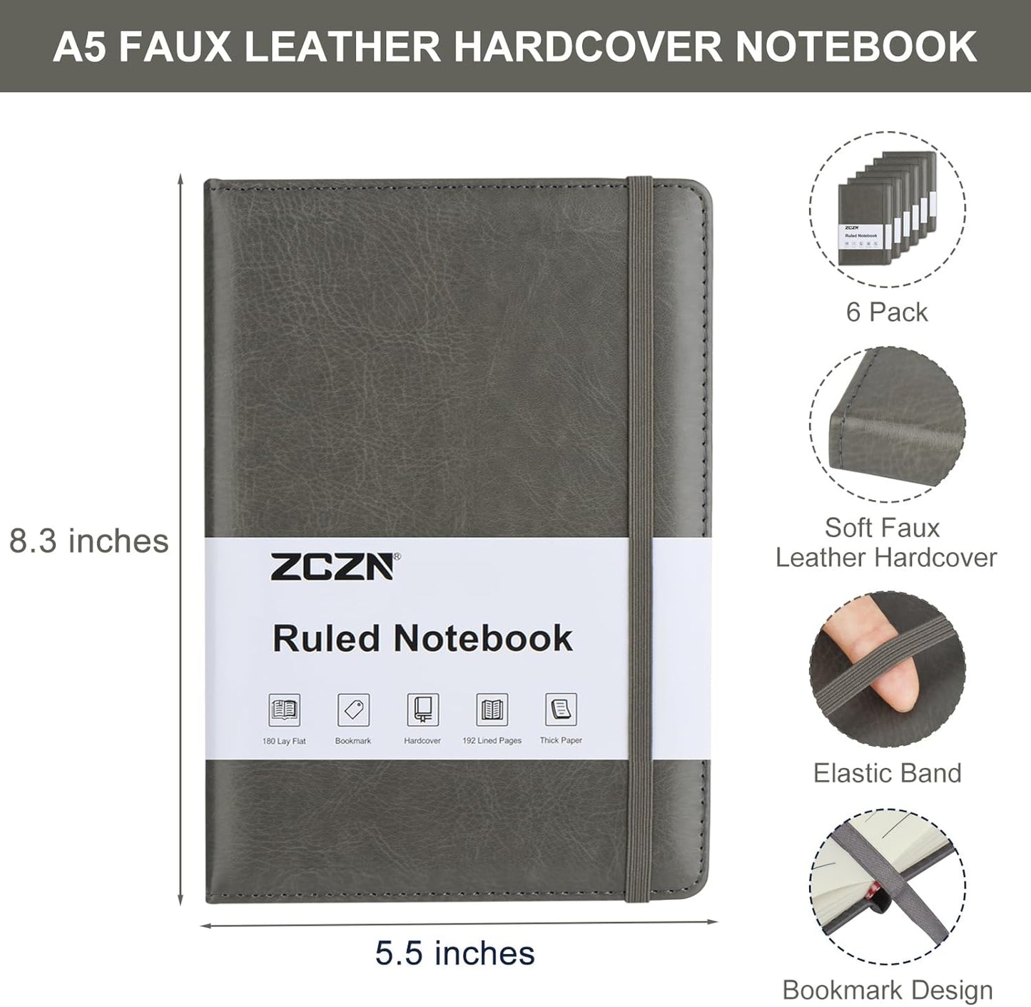 ZCZN 6 Pack Lined Journal Notebooks, 192 Pages A5 Hardcover Leather Journals for Work,Writing,School & Travel, College Ruled Journaling Notebooks for Notes Taking,Diary Notepad (Light Green*6)