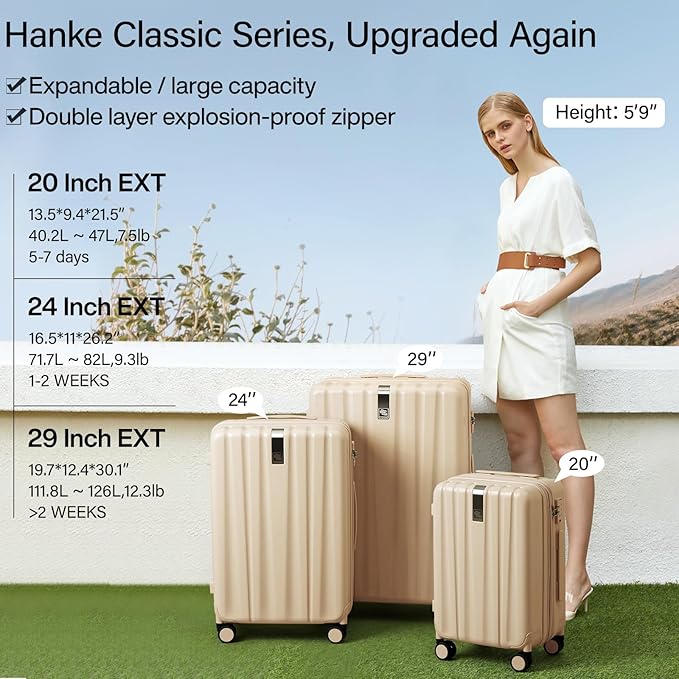 Hanke Expandable Hardshell Luggage Sets 3 piece Carry on Luggage with Wheels Suitcases Lightweight Checked Travel Luggage Rolling Large Suitcase Travel Luggage Bag Woman Men 20/24/29" Cuba Sand Pink