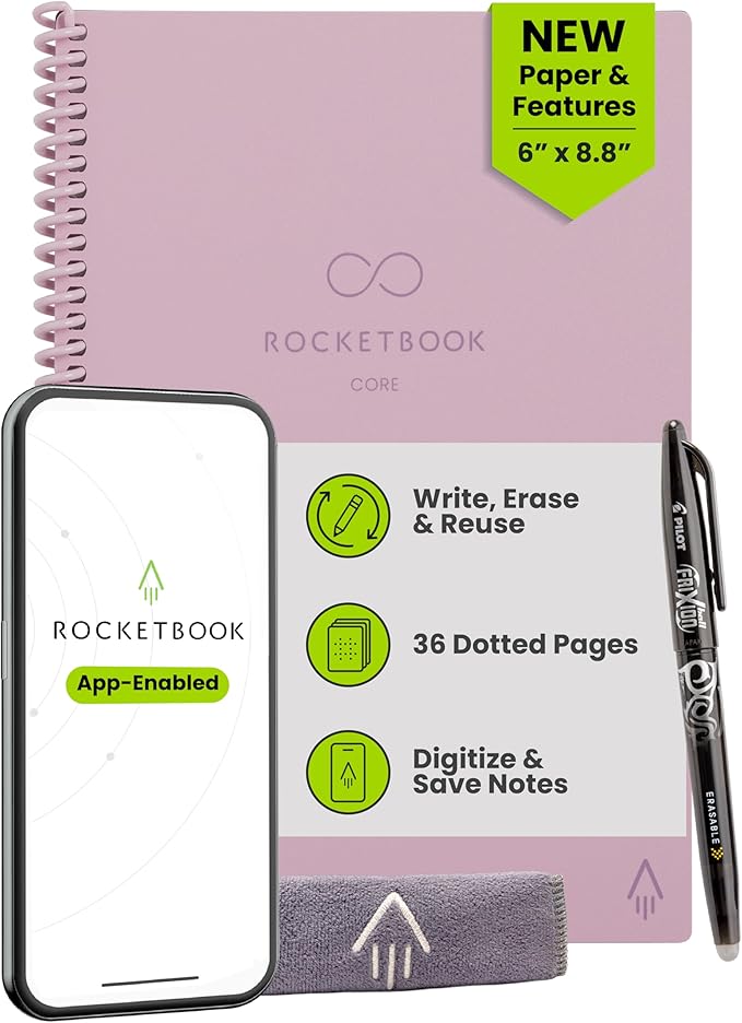 Rocketbook New Core Reusable Spiral Notebook, Executive Size 6x8.8, Pink - Dotted Pages, App-Connected, Erasable, Durable Cover, Ideal for School, Work, and Creative Projects