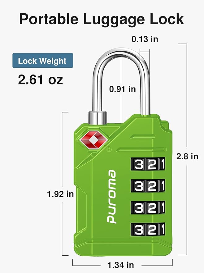 Puroma TSA Approved Luggage Locks, 2 Pack 4 Digit Resettable Travel Combination Code Lock with Zinc Alloy Body for Suitcase, Backpack, Laptop Bag, Gym Locker, Toolbox (Green)