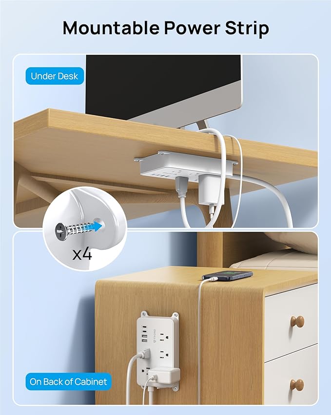 TROND Power Strip with USB, Surge Protector Flat Plug with 5 Widely-Spaced Outlets and 4 USB Ports, ETL Listed, 1300J, Wall Mountable, 5ft Extension Cord, for Office Kitchen, White