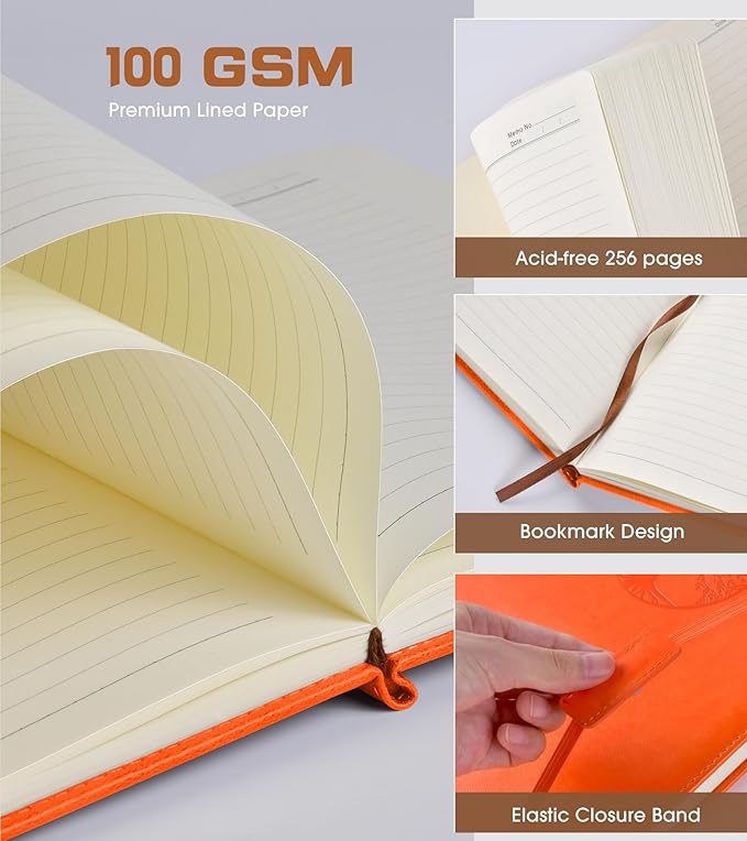 Lined Journal Notebook for Women Men,256 Pages A4 Large Hardcover Leather Journals for Writing,Travel,Business,Work,School,College Ruled Notebooks for Note Taking,Diary Notepad 8.6"×11"(Orange)