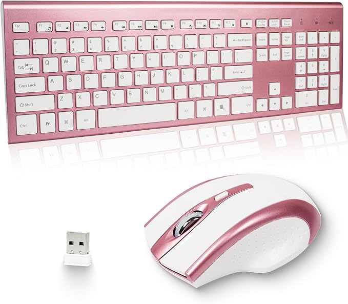 Wireless Keyboard and Mouse Combo 17inch Full Size 2.4G USB Ergonomic Slim Wireless Keyboard for PC Laptop Tablet Desktop Computer Windows Pink (Rose Gold)