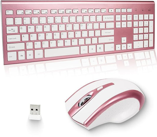 Wireless Keyboard and Mouse Combo 17inch Full Size 2.4G USB Ergonomic Slim Wireless Keyboard for PC Laptop Tablet Desktop Computer Windows Pink (Rose Gold)