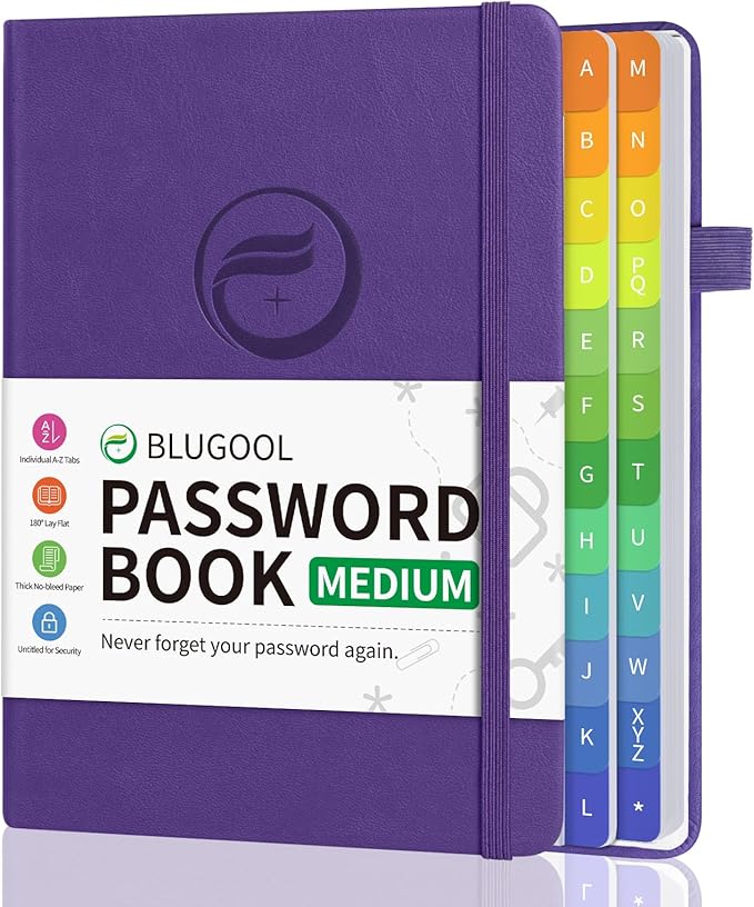 Password Book with Alphabetical Tabs, Password Keeper Book for Seniors, Hardcover Password Notebook for Individual & Colorful Tabs, Password Organizer for Website Logins, 5.3" x 7.7", Purple