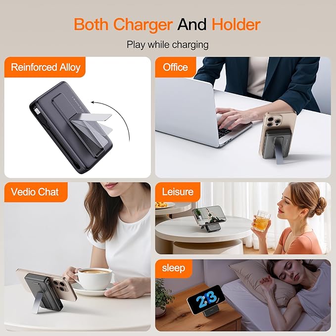 2025 Magnetic Battery Pack 16800mAh Mobile Power Bank, Portable Charger with Foldable Stand and Built-in Cable, 20W USB-C Fast Charging, Suitable for iPhone 17/16/15/14/13/12 Series