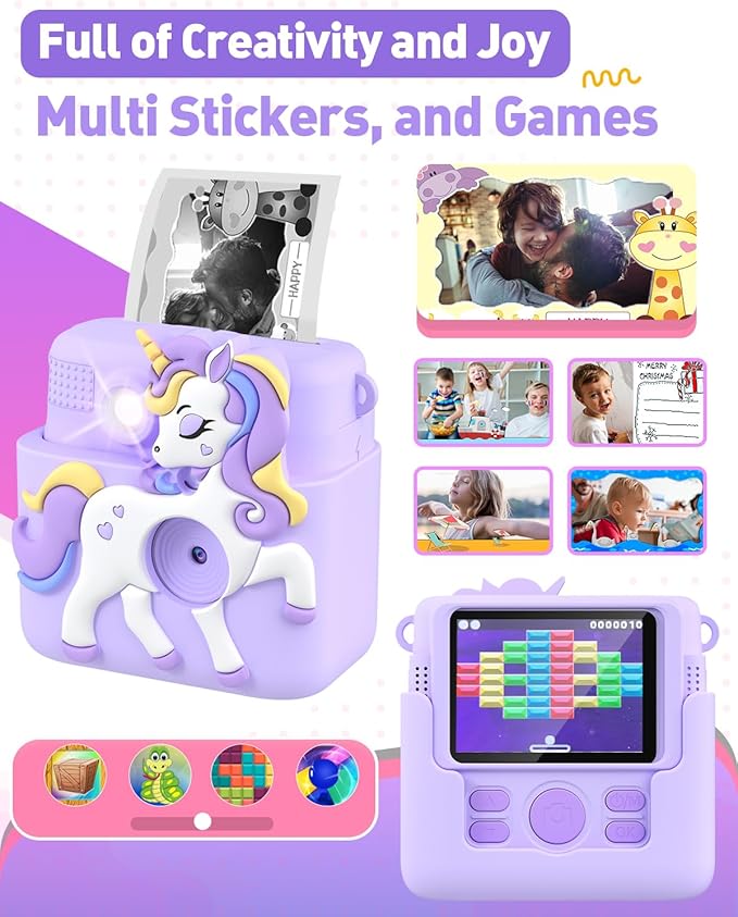 Kids Camera Instant Print Gifts for Girls Age 4-12, Instant Camera for Kids with Silicone Cover, 1080P Kids Digital Camera Toys for 3 4 5 6 7 8 9 10 Years Old Girls 32GB Card Lilac