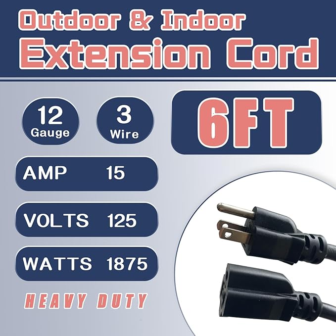 6 Ft Outdoor Extension Cord - 12/3 SJTW Heavy Duty Black Extension Cable with 3 Prong Grounded Plug - Power Cord for Lawn, Garden, Appliances