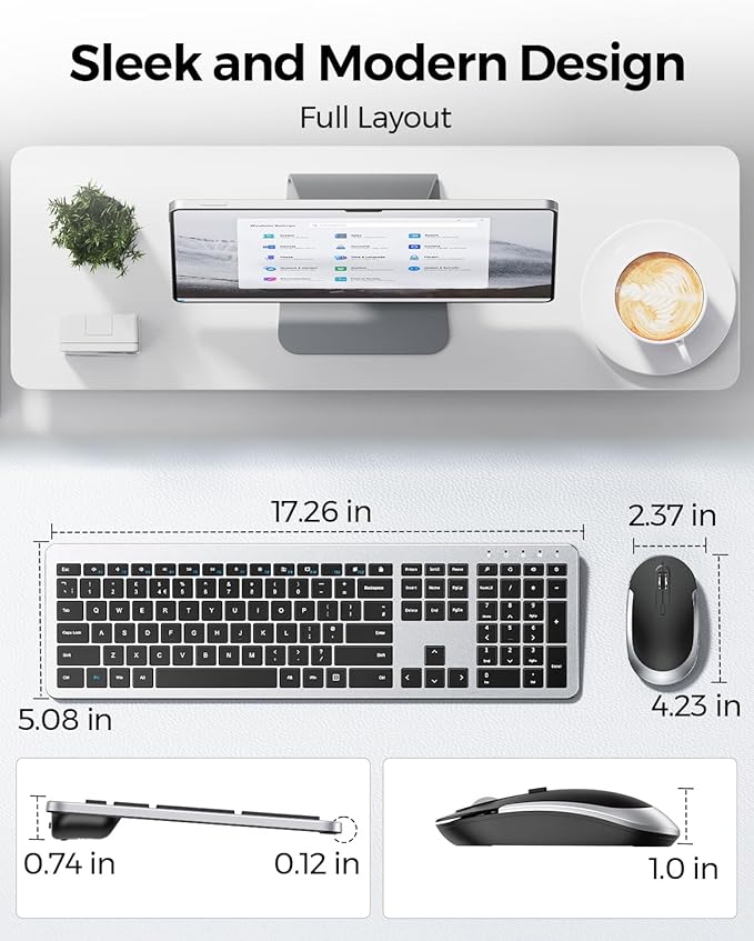 Wireless Keyboard and Mouse Combo - seenda Full Size Slim Thin Wireless Keyboard Mouse with On/Off Switch on Both Keyboard and Mouse - (Black and Silver)