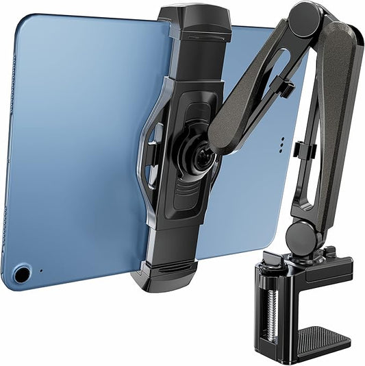 iPad Stand for Desk/Headboard, Tablet Mount with Cable Management, Tablet Holder for Recording/Filming, Black