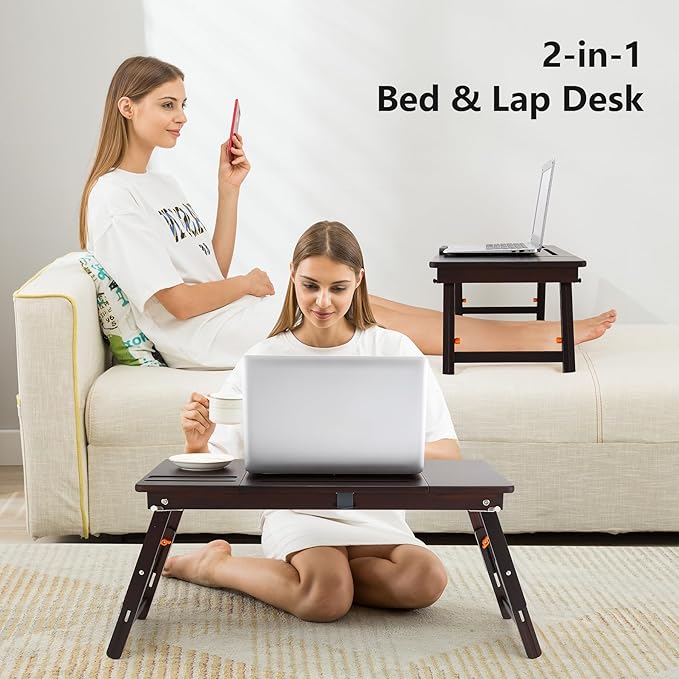 Nnewvante Laptop Bed Desk Bamboo Lap Table with Tablet Slot Height & Angle Adjustable Computer Lap Desk with Drawer Breakfast Serving Tray for Bed Floor, Black Walnut
