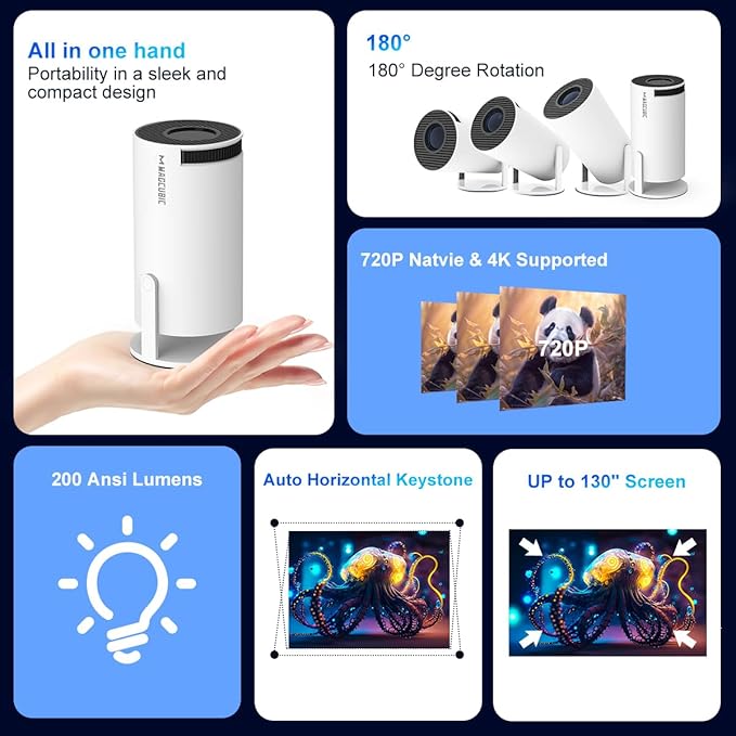 HY300PRO Mini Projector with WiFi and Bluetooth, 4K Support 200ANSI Smart Portable Projector, Auto Keystone, 180° Rotation, Home Video Proyector for Home Bedroom Outdoor Android 11