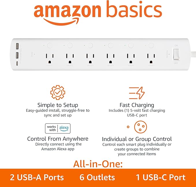 Amazon Basics Smart Plug Power Strip with 6 Individually Controlled Outlets and 3 USB Ports (2 USB-A and 1 USB-C), Works with Alexa Only, 2.4 GHz Wi-Fi, No Hub Required, White