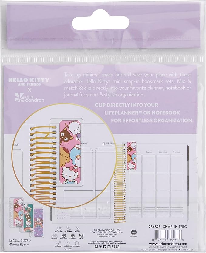 Erin Condren Snap-in Mini Planner Bookmark, Set of 3 Colorful Planner Accessories, Fits Spiral Coiled Notebooks & Agendas, Durable Plastic Page Markers for Stylish Organization, Hello Kitty 2