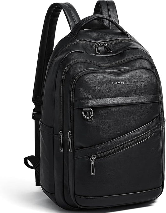 43L Backpack for Women Men - Vegan Leather Backpack Purse Travel Carry-on Bag College Bookbag Work fits 17" Laptop, Black