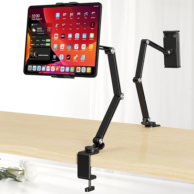 Tablet Stand Holder, Adjustable Foldable Tablet Arm iPad Desk Mount with 360°Rotate Base, Phone Holder iPad Stand for Desk and Bed, Compatible with Tablets, Phones or Other 4-15.6" Device
