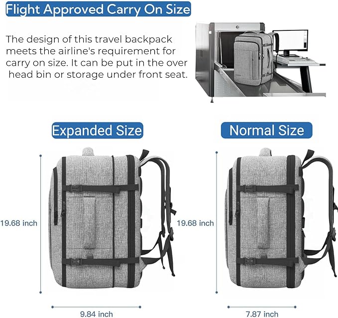 Carry On Backpack, Extra Large 40-50L Travel Backpack for Men & Women, Expandable Backpack For Airplanes, 17 Inch Laptop Backpack, Luggage Suitcase 40L Daypack Lightweight Business Weekender Bag, Grey