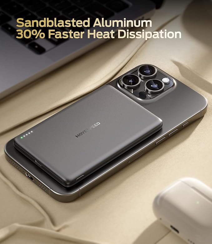 MOVE SPEED 0.3'' Ultra Slim MagSafe Portable Charger, 5000mAh Magsafe Battery Pack iPhone 17 Air Accessories, Magnetic Power Bank with USB C Port for iPhone 17 Pro Max Air/16/15/14/13/12, Glacier Gray