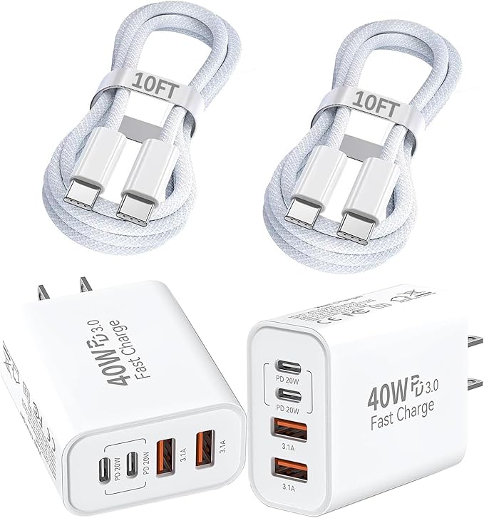 iPhone 17 16 Charger,4-Port USB C Charger Block Fast Charging 2Pack 40W Wall Charger with 10FT USB C to C Woven Braid Cable Cord for iPhone 17 Pro Max/17 Pro/17/Air/16e/16 Pro Max/16 Plus/15/iPad