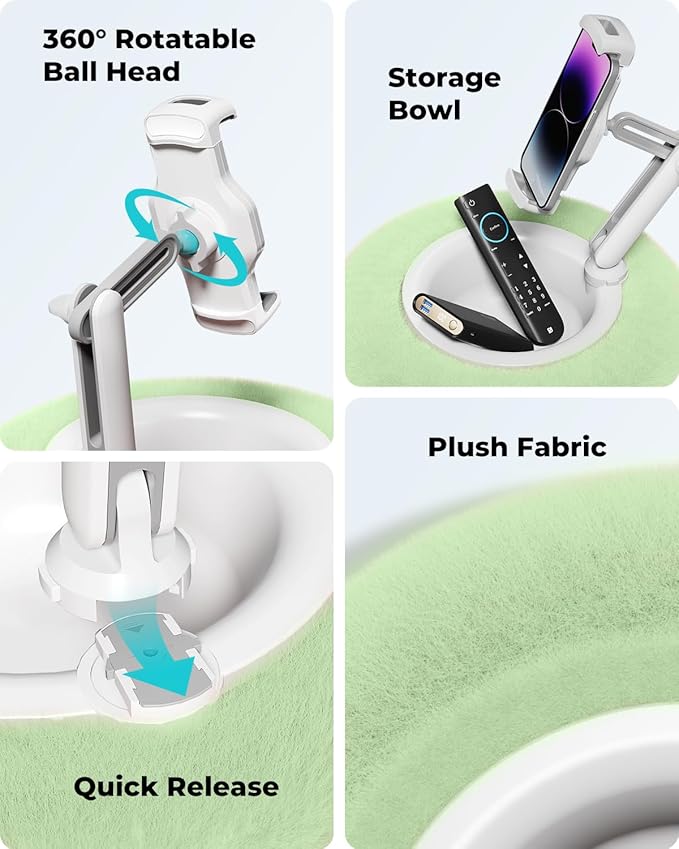 Viozon Tablet Stand Pillow, Compatible with 4.7"-13" Phone/Tablet, iPad, iPhone, Samsung, Google, Kindle, 360°Adjustable Phone Holder for Bed with Soft Plush Fabric, and Detachable Bowl, Green